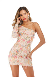Besticktes, bedrucktes Paillettenkleid mit hoher Taille